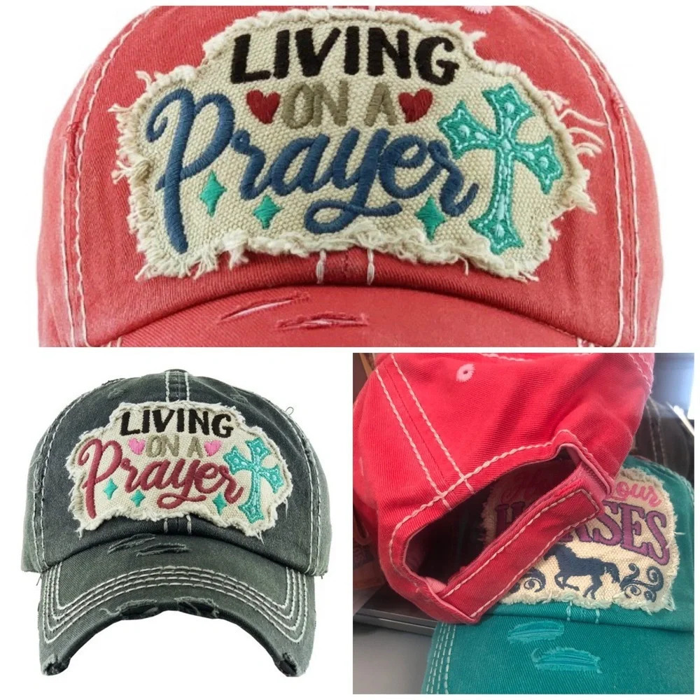 Boutique NWT Vintage Distressed "Living on Prayer" Baseball Cap boho western
